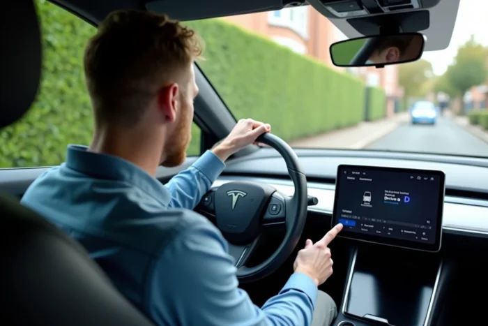 Homme conduisant une voiture électrique moderne intérieure