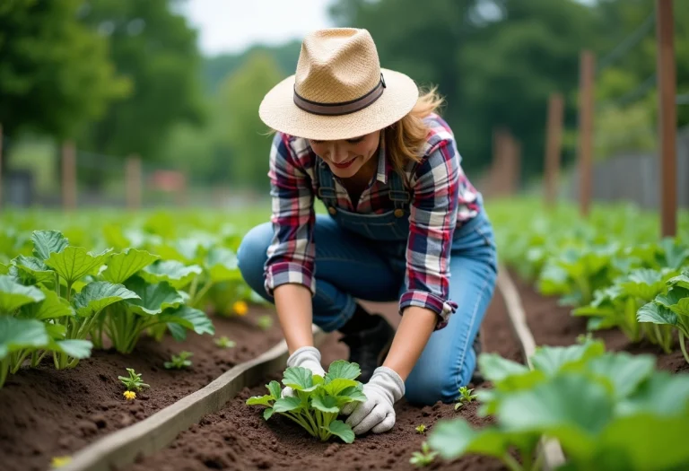 Femme au jardin plantant aubergines dans un potager verdoyant