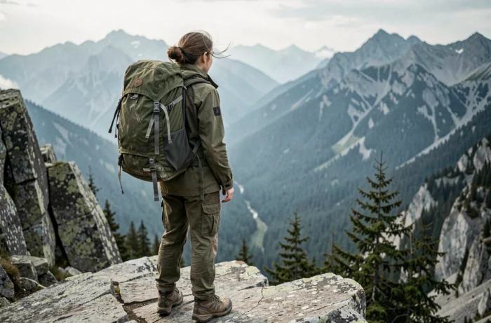 Jeune aventurière avec sac à dos contemplant un panorama montagneux depuis un sommet rocheux