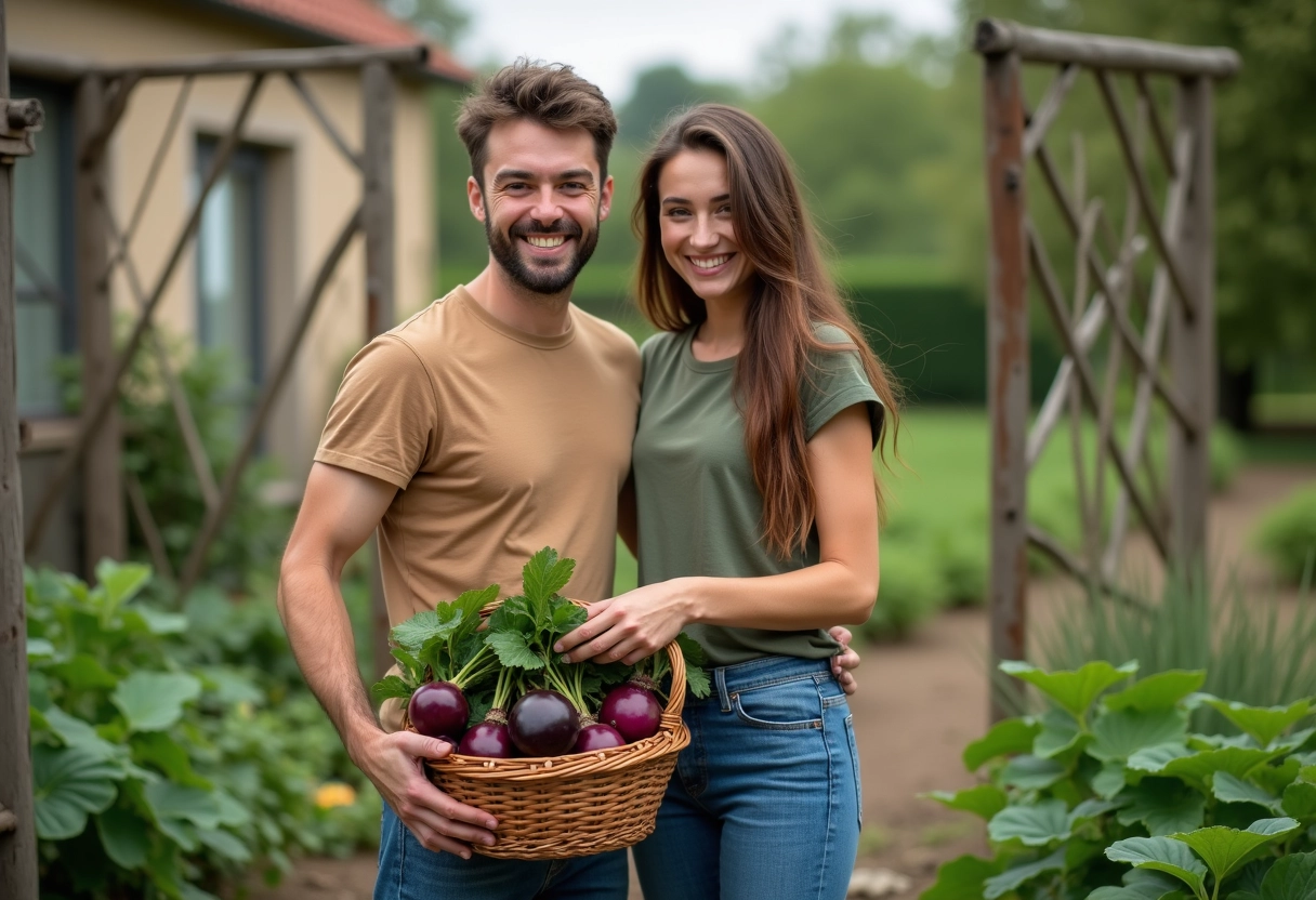 Jeune couple récoltant des betteraves et aubergines dans un jardin