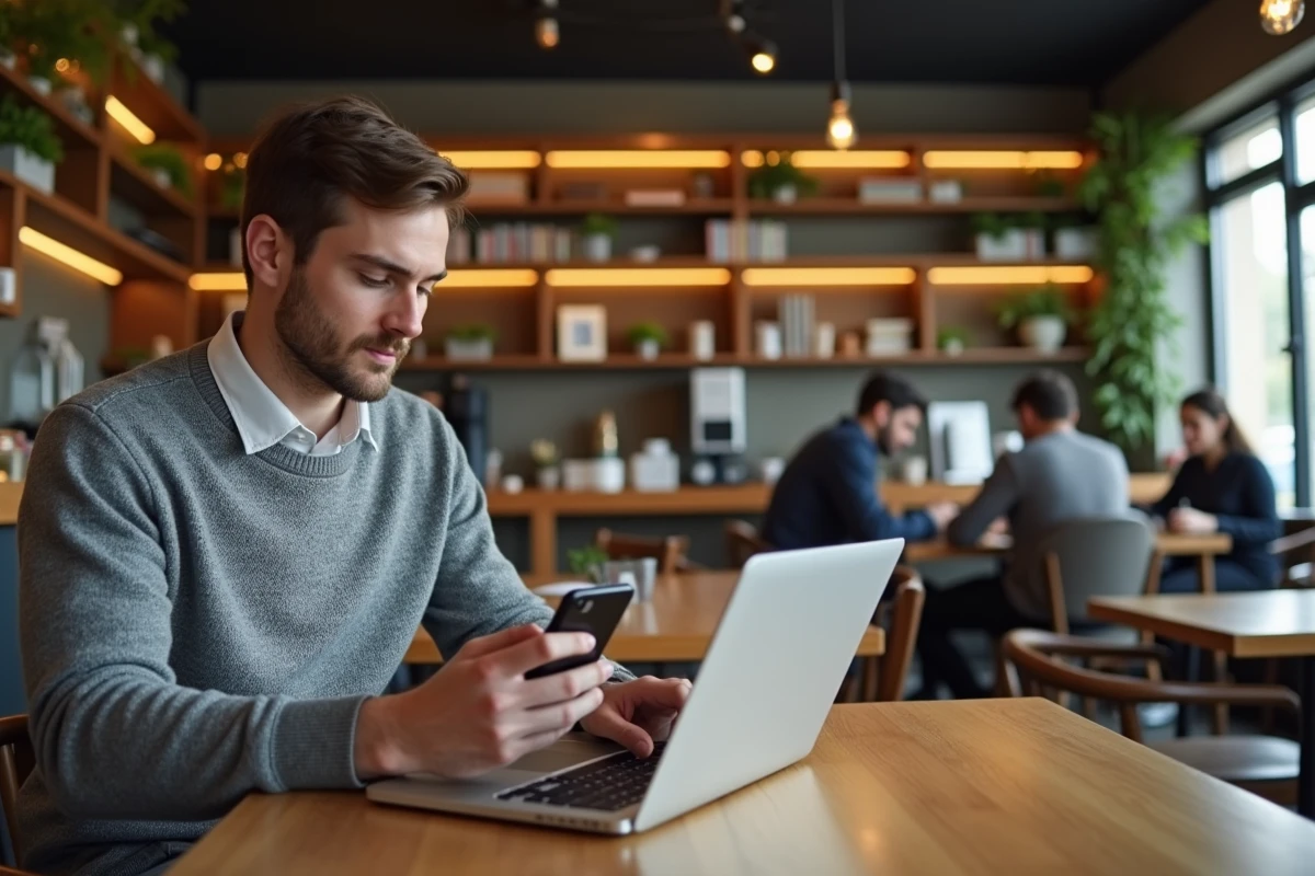 Jeune entrepreneur travaillant dans un café dynamique