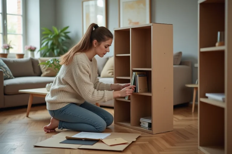 Jeune femme assemble un meuble dans un appartement neuf