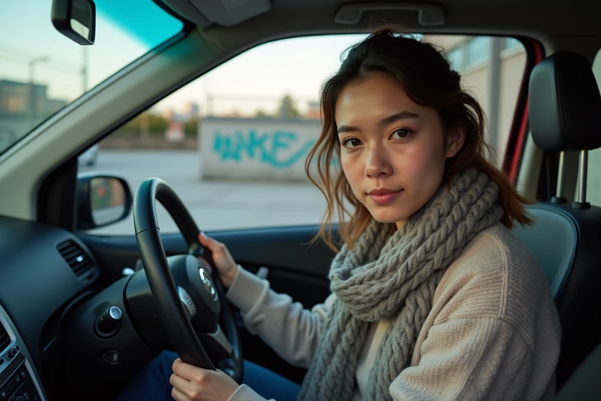 Jeune femme installant un antivol dans sa voiture urbaine