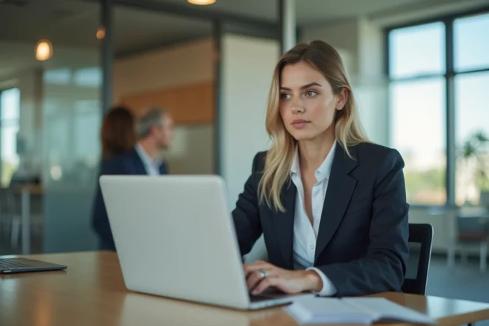 Jeune femme professionnelle en bureau moderne travaillant sur son ordinateur