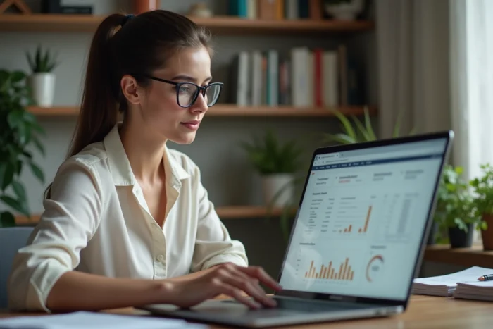 Jeune femme en bureau moderne travaillant sur un logiciel comptable
