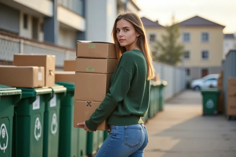 Jeune femme en jeans vert près d'une déchetterie à Nantes