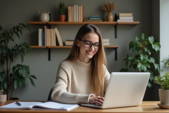 Jeune femme étudiant travaillant sur son ordinateur dans un appartement