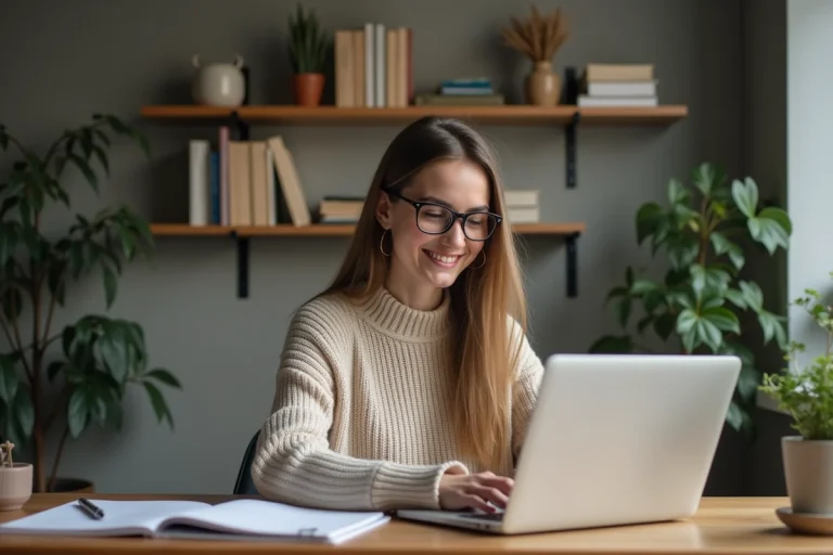 Jeune femme étudiant travaillant sur son ordinateur dans un appartement