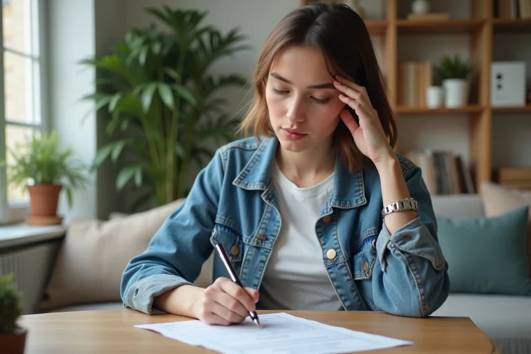 Jeune femme remplissant un test de conduite à la maison