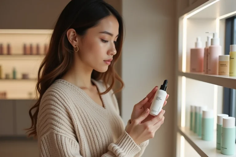 Jeune femme examine un flacon de serum skincare dans un espace moderne