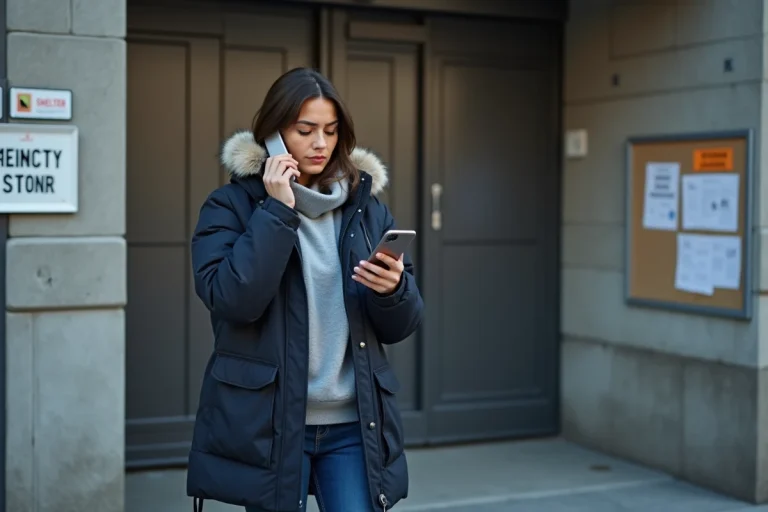 Jeune femme inquiète devant un refuge urbain avec smartphone