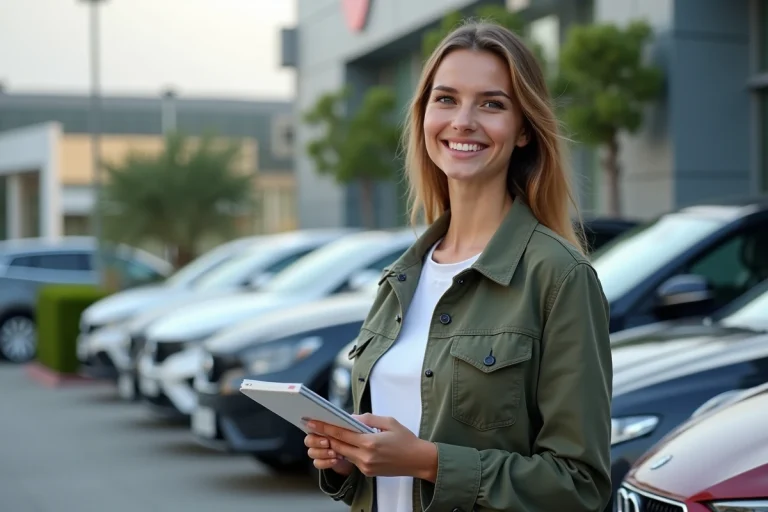 Jeune femme souriante avec carnet devant voitures modernes