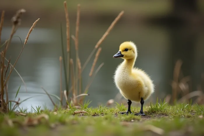 Jeune caneton fluffy près d'un étang au printemps