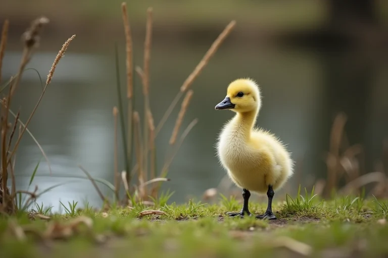 Jeune caneton fluffy près d'un étang au printemps