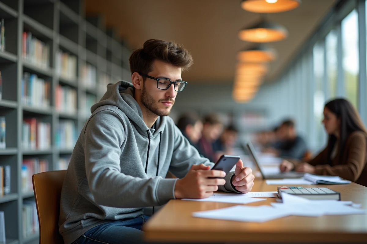 Jeune homme étudiant utilisant son smartphone dans une bibliothèque