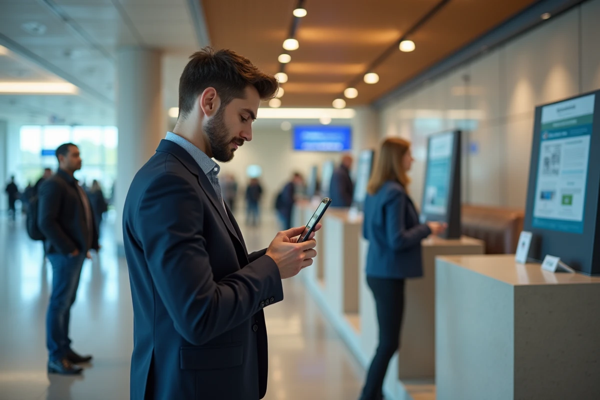 Jeune homme en tenue décontractée scannant un QR code à un guichet municipal