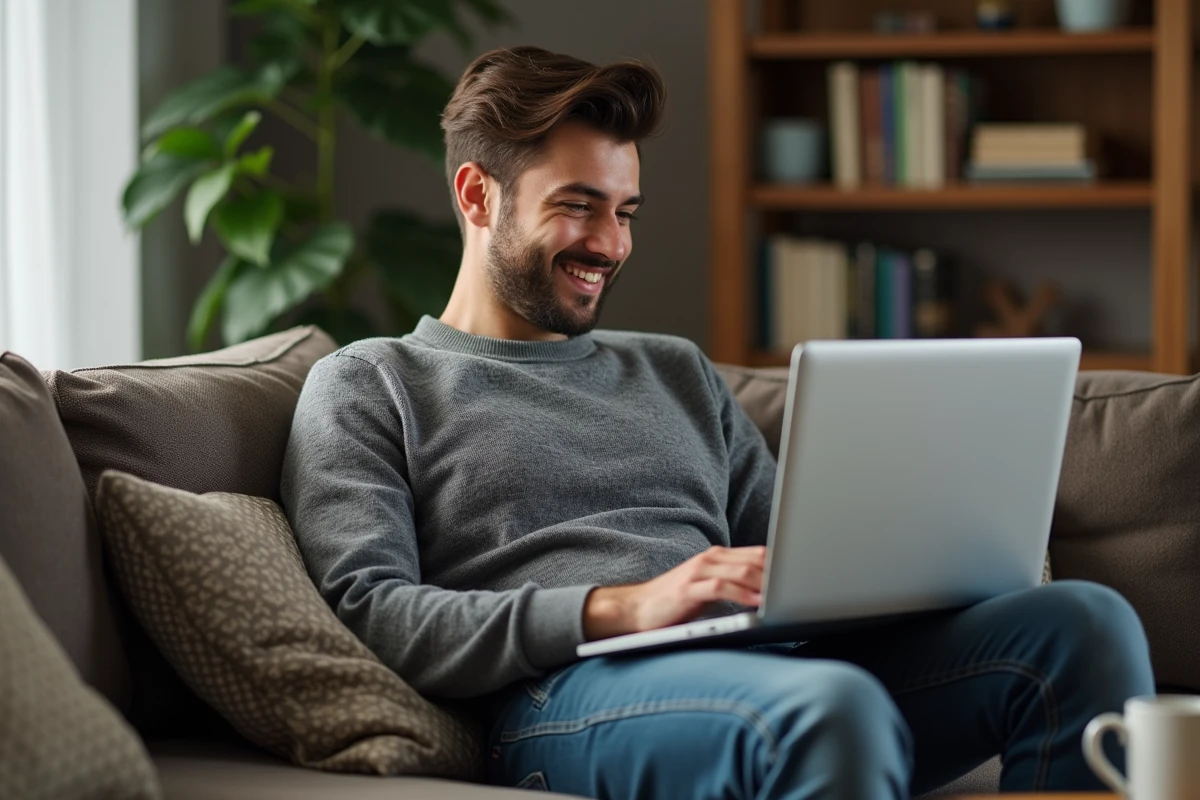 Jeune homme détendu consultant un sitemap sur son laptop