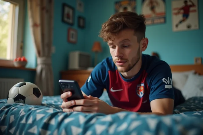 Jeune homme cherchant l'adresse mise à jour de Streamonsport sur son smartphone dans sa chambre