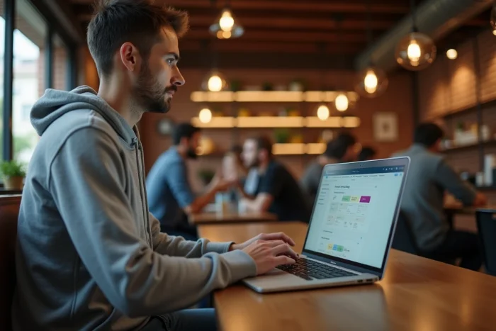 Jeune homme travaillant à distance sur la plateforme Flow3 dans un espace de co-working avec son ordinateur portable