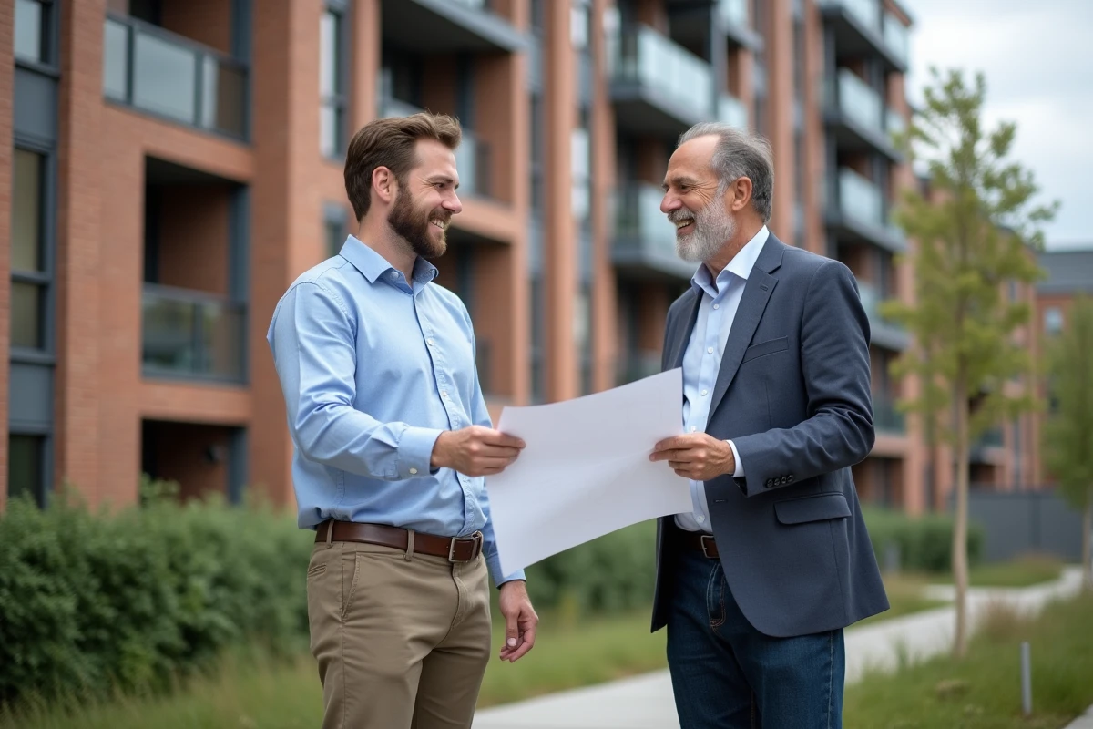 Jeune professionnel discutant de plans avec un agent immobilier en extérieur