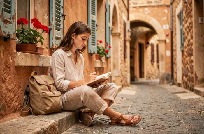 Jeune voyageuse écrivant dans son journal de voyage dans une ruelle pittoresque d'une vieille ville méditerranéenne