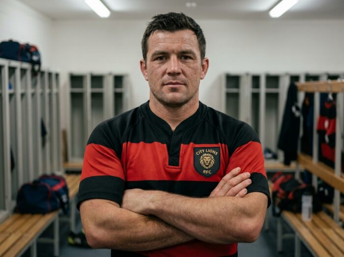 Joueur de rugby amateur en maillot avec écusson PVC dans un vestiaire, regard confiant face caméra