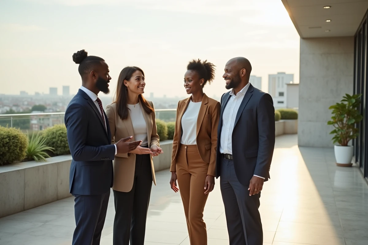 Groupe de leaders africains discutant en extérieur