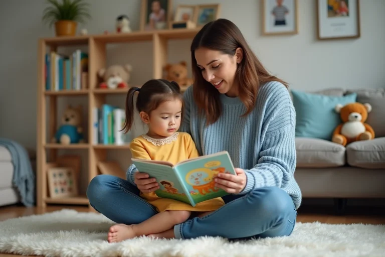 Maman lit un livre illustré à sa fille dans un salon chaleureux