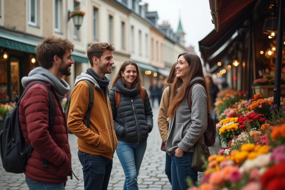 Jeunes adultes au marché aux fleurs de Rennes