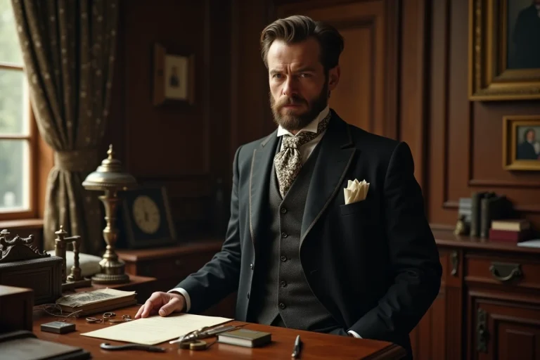 Homme sérieux en costume victorien dans un bureau ancien