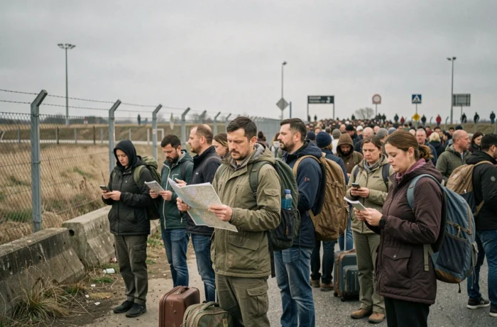 Groupe de migrants adultes avec bagages attendant à un poste-frontière européen sous un ciel nuageux
