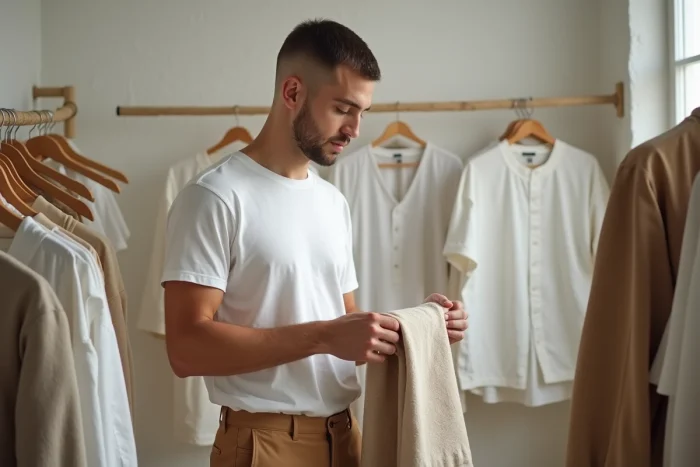 Homme inspectant l'étiquette de certification d'un vêtement en coton biologique dans une boutique de mode éthique minimaliste