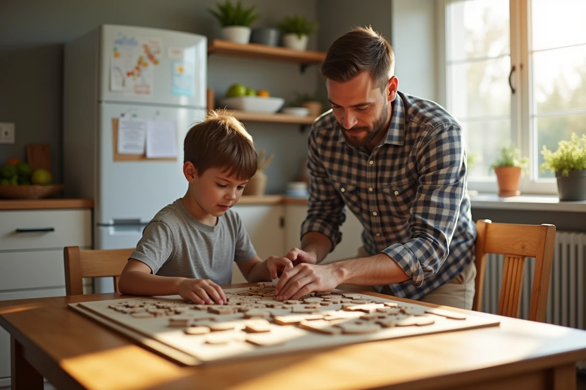 Père aide son enfant à assembler un puzzle dans la cuisine