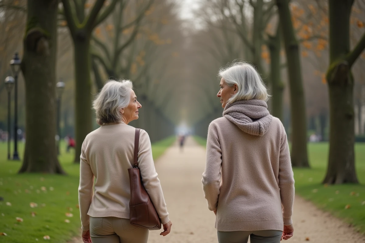 Femme grise marchant avec EricEmmanuel Schmitt dans un parc parisien