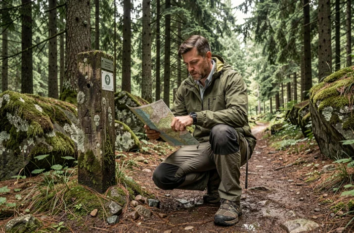 Randonneur consultant sa montre GPS sur un sentier forestier lors d'une aventure outdoor