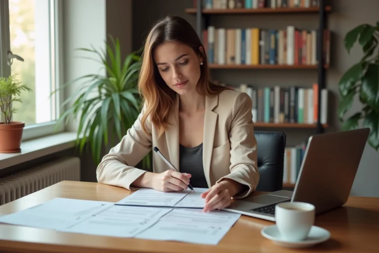 Femme consultant des annonces immobilières et prenant des notes dans un bureau à domicile pour préparer sa recherche de location