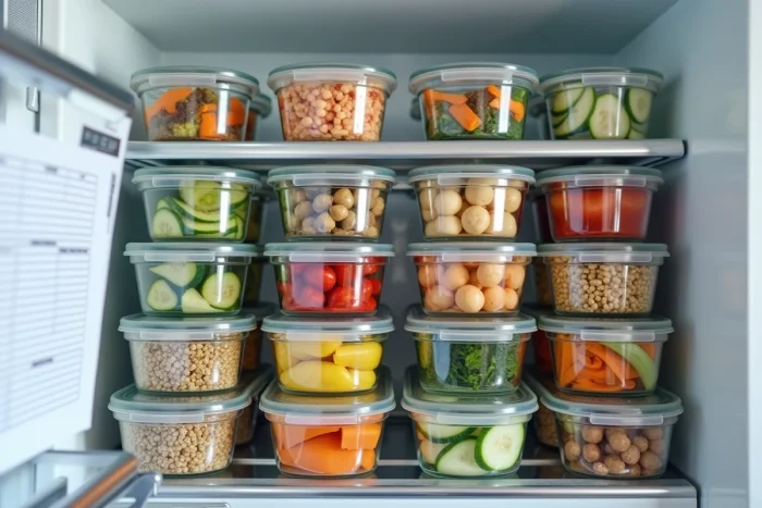 Réfrigérateur bien organisé avec des contenants de batch cooking light et un planning de repas PDF affiché sur la porte
