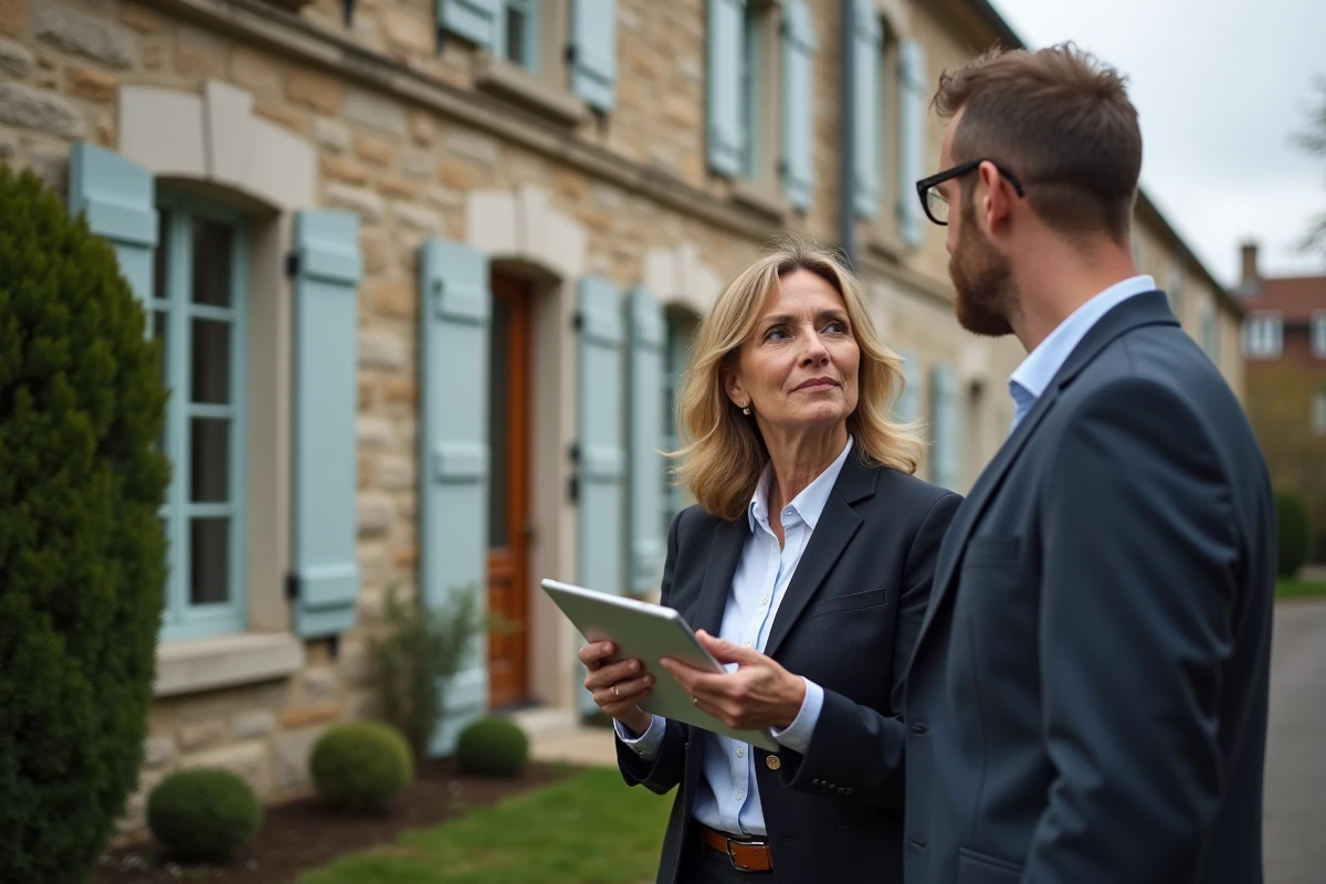 Femme discutant de renovation devant une maison ancienne