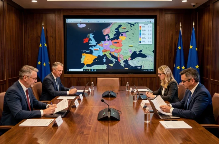 Réunion de responsables gouvernementaux européens analysant des données statistiques sur la crise migratoire dans une salle de conférence