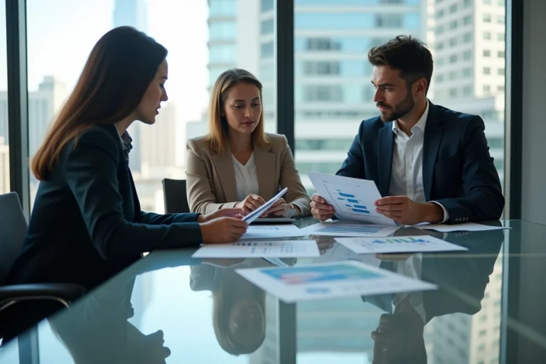 Groupe de professionnels en réunion dans un bureau lumineux