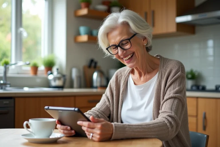 Femme senior souriante utilisant une tablette dans la cuisine