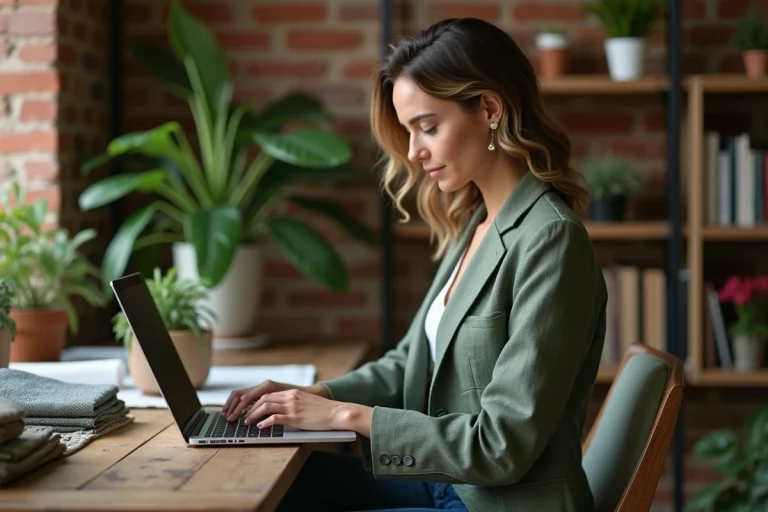 Femme parcourant un site de mode responsable sur son ordinateur portable dans un bureau à domicile décoré de plantes et de matériaux naturels