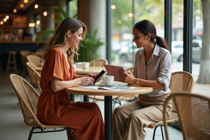 Deux femmes discutant de leurs achats de mode tendance et responsable autour d'une tablette et d'un lookbook dans un café urbain