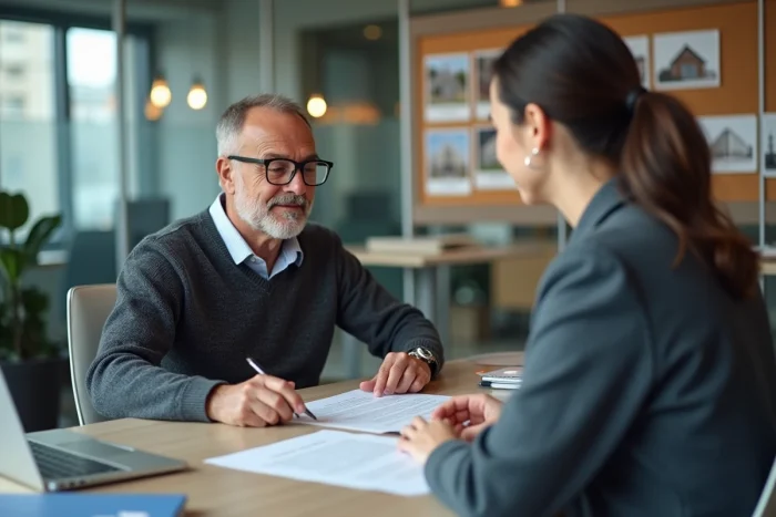 Homme en train de lire un contrat de location avec un agent immobilier dans une agence moderne pour finaliser sa recherche de logement