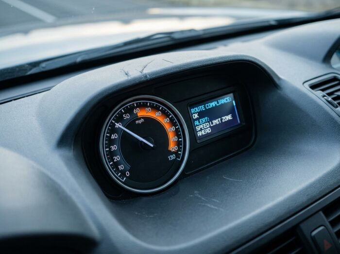 Gros plan sur le tableau de bord numérique d'un camion avec compteur de vitesse et alertes de conformité de vitesse à l'écran