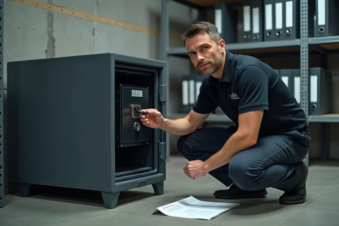 Technicien informatique inspectant le mécanisme électronique d'un coffre-fort Arkevia ouvert dans une salle de stockage professionnelle