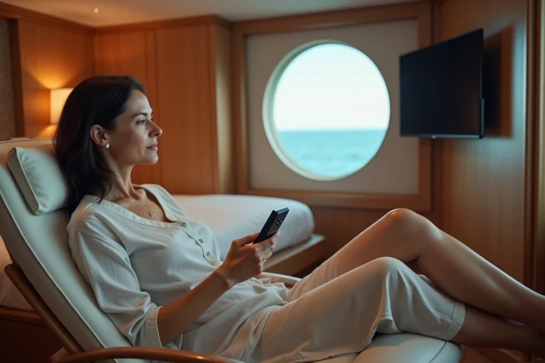 Passagère regardant la télévision dans une cabine de croisière avec télécommande en main