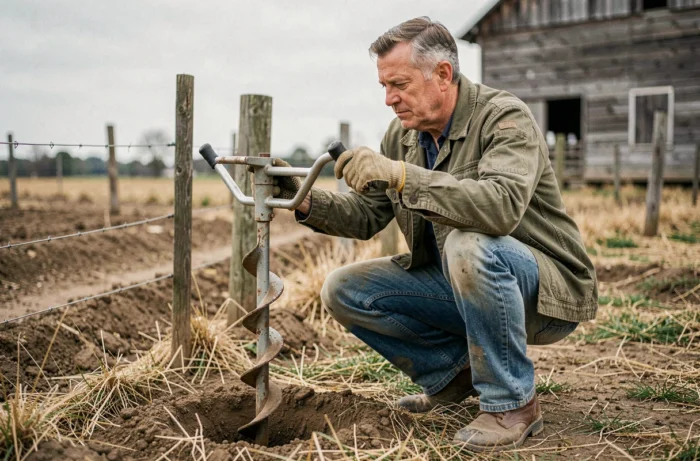 Homme utilisant un moteur de tarière thermique pour creuser des trous de poteaux dans un champ agricole