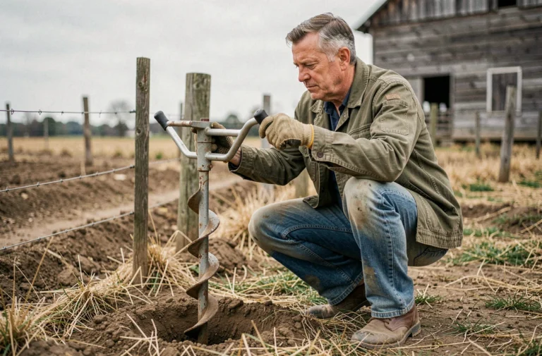 Homme utilisant un moteur de tarière thermique pour creuser des trous de poteaux dans un champ agricole