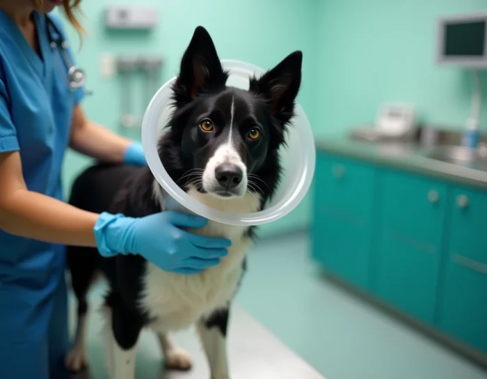 Vétérinaire ajustant une collerette rigide sur un border collie calme dans une clinique vétérinaire moderne